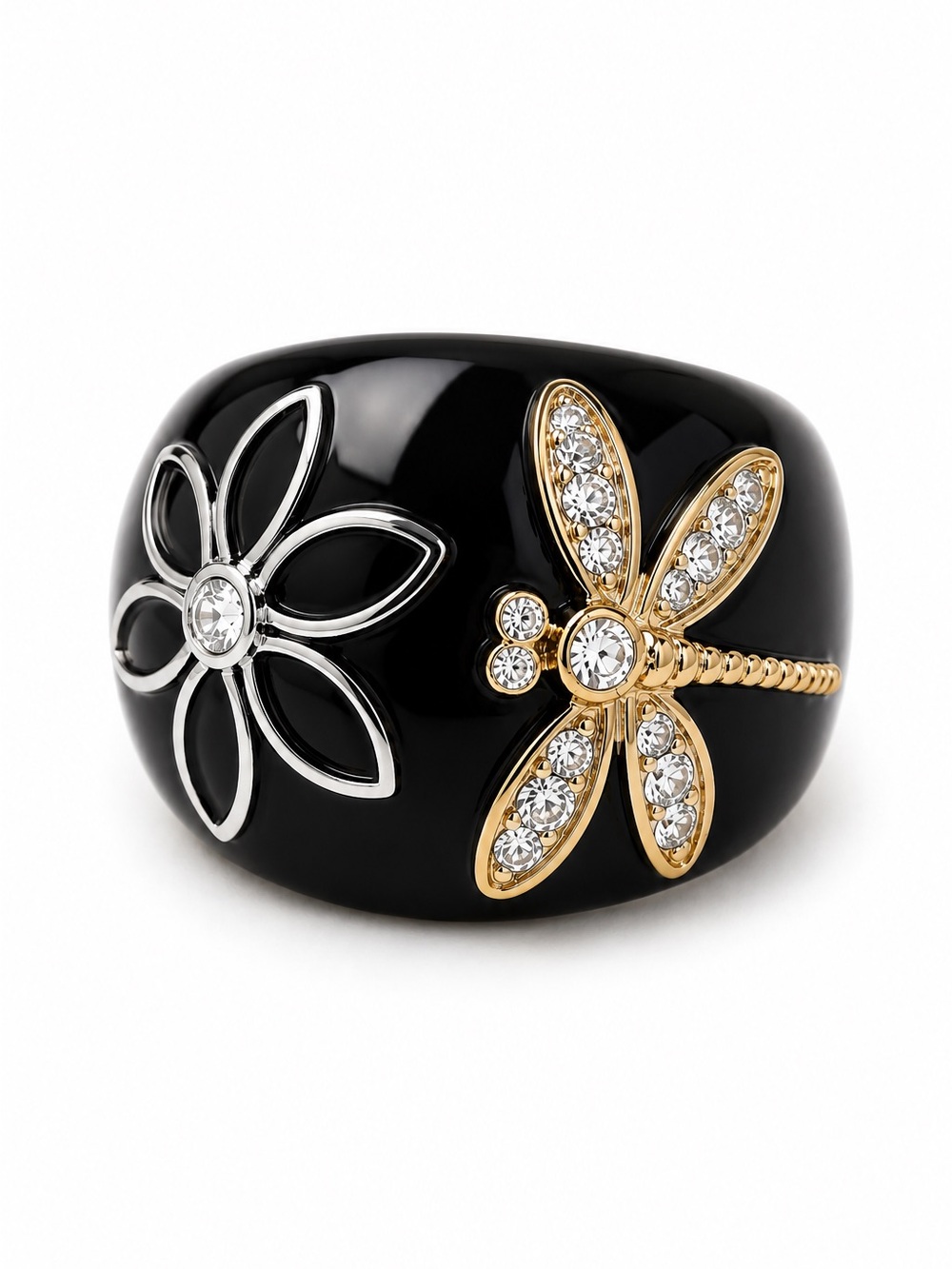 Black Enamel Dragonfly & Flower Statement Ring Crystal Accents Size 7